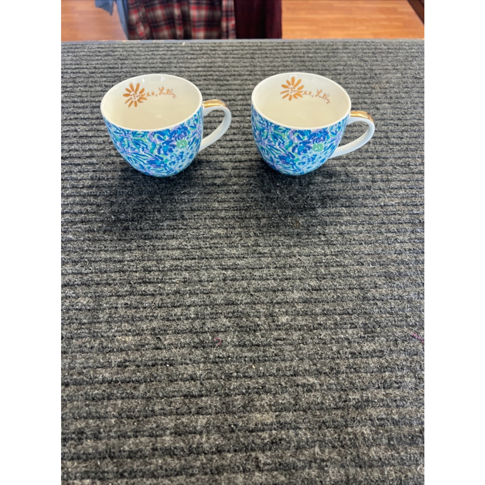 Lilly Pulitzer Coffee Mug Set of 2 Blue White Purple Floral Pattern EUC